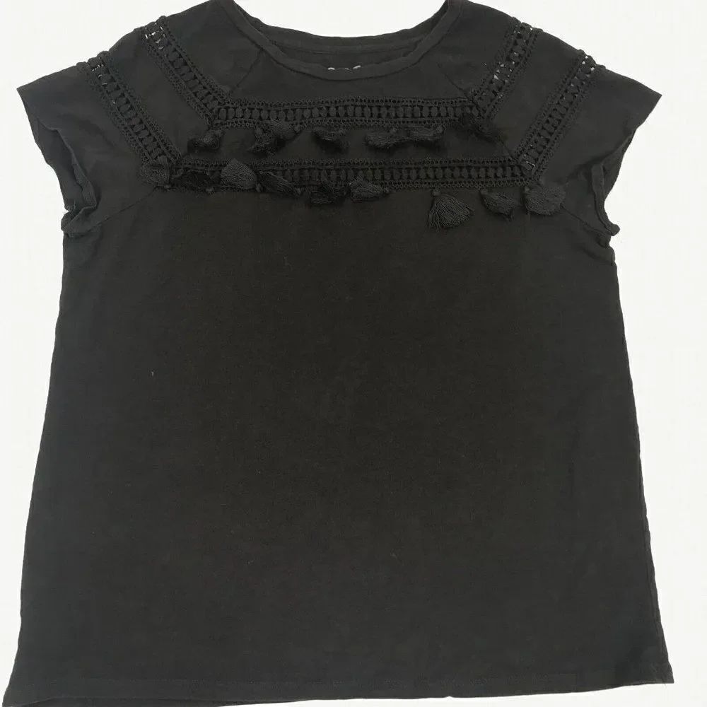 LOFT Womens Cotton T-Shirt Black Tassel Fringe Short Sleeve Tee Crew Neck Small